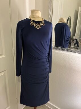 Banana Republic Navy Long-Sleeve Ruched Crewneck Midi Dress